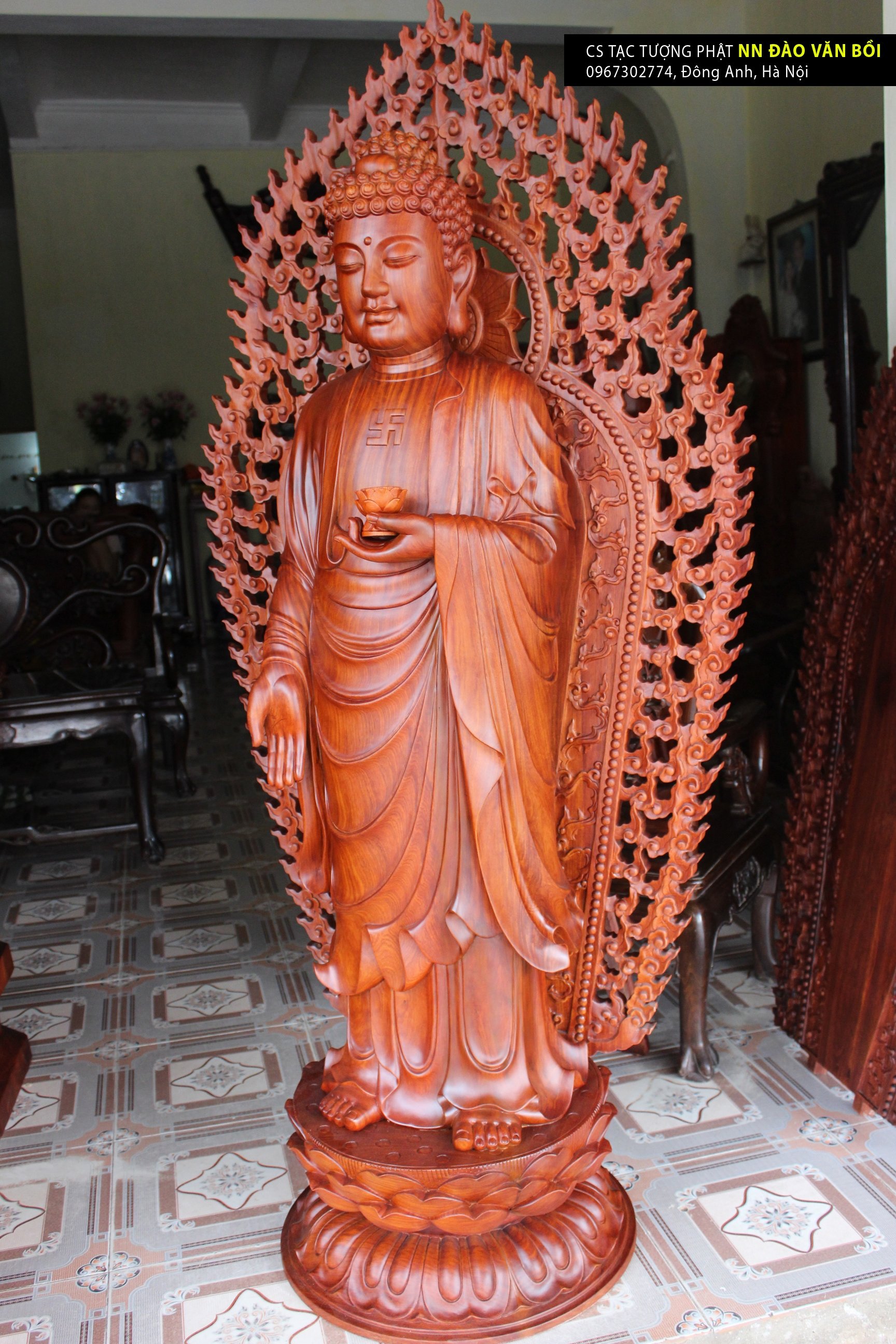 Tôn tượng Phật A di đà gỗ Hương nguyên khối cao 1.95m, trong bộ Tây Phương Tam thánh